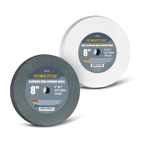 Powertec Aluminum Oxide Grinding Wheel, 8 in. x 1 in. with 5/8 in. Arbor, 36 Grit & White 100 Grit, 2PK 15527